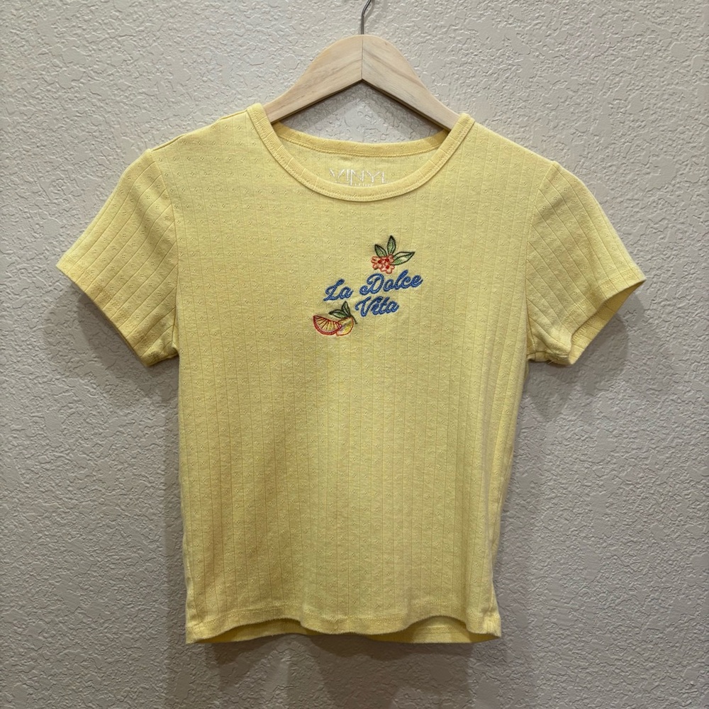 Y2K Pastel Ribbed Baby Tee “La Dolce Vida” Embroidered Medium